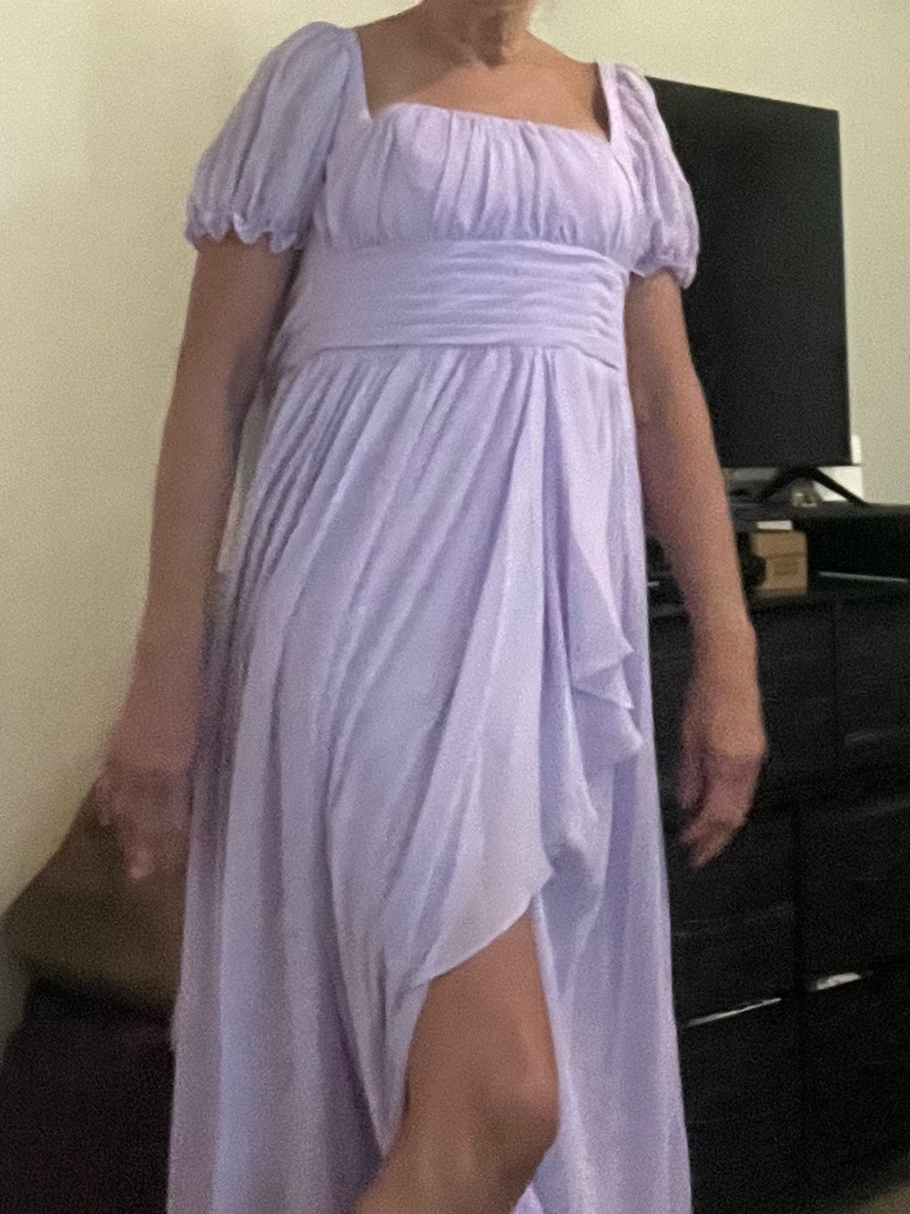 Romantic Lilac Empire Waist Prom Dress with Puff Sleeves